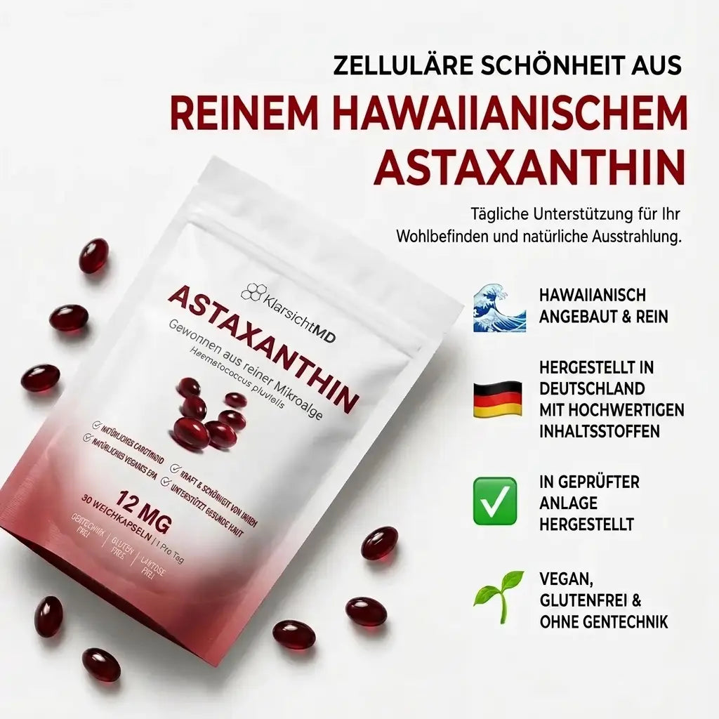 KlarsichtMD Astaxanthin – Bekämpft oxidativen Stress auf natürliche Weise, um das Gleichgewicht von innen und außen wiederherzustellen..