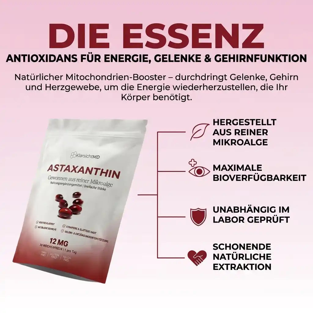 KlarsichtMD Astaxanthin – Bekämpft oxidativen Stress auf natürliche Weise, um das Gleichgewicht von innen und außen wiederherzustellen..