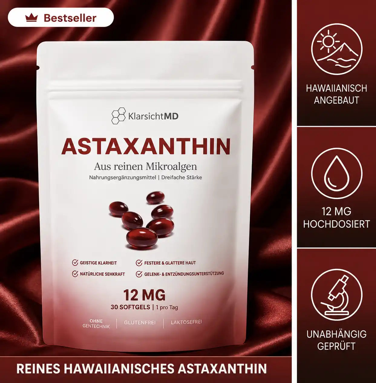 KlarsichtMD Astaxanthin – Bekämpft oxidativen Stress auf natürliche Weise, um das Gleichgewicht von innen und außen wiederherzustellen..