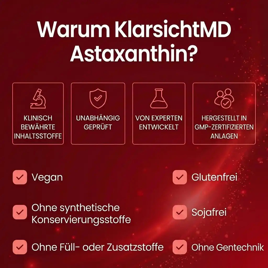 KlarsichtMD Astaxanthin – Bekämpft oxidativen Stress auf natürliche Weise, um das Gleichgewicht von innen und außen wiederherzustellen..