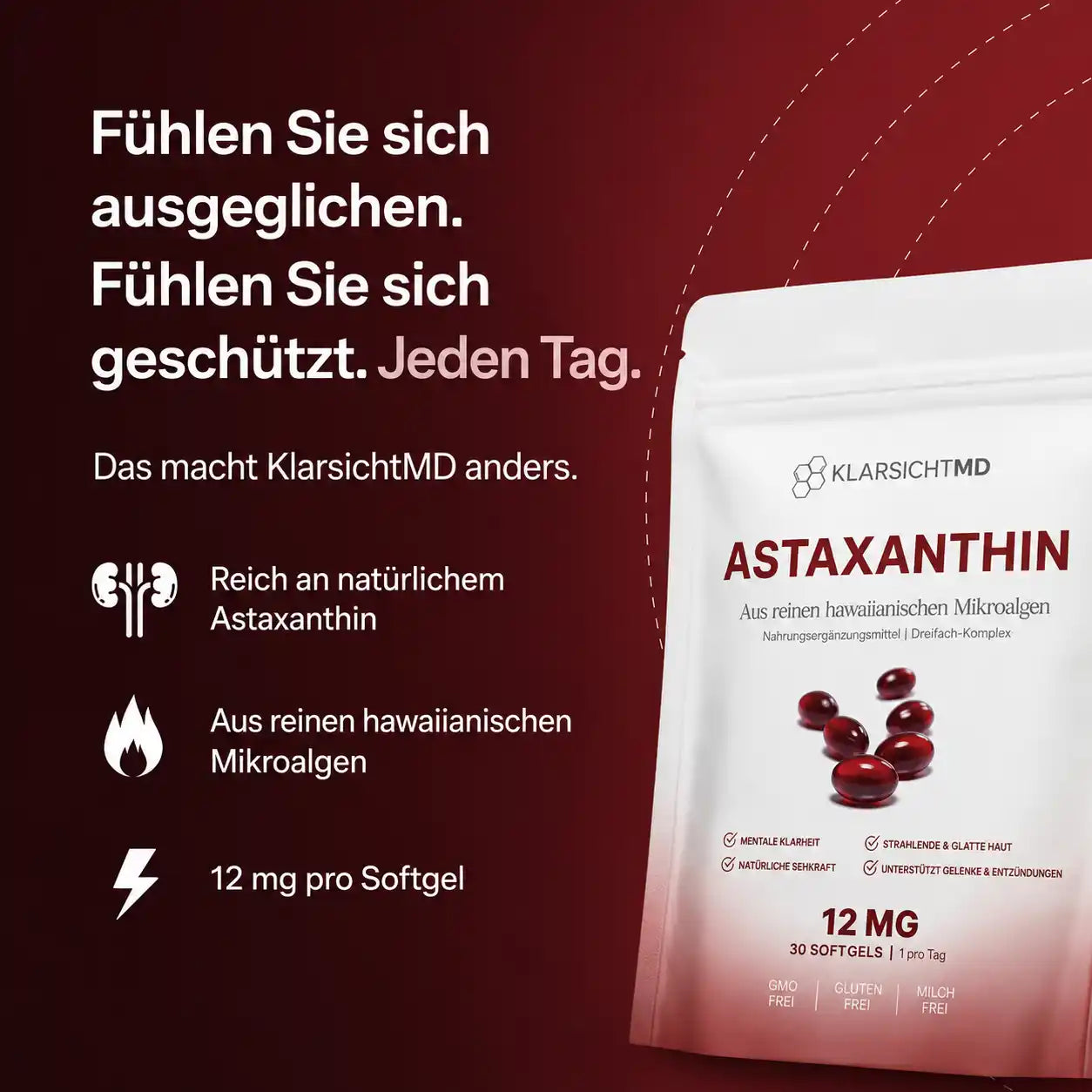 KlarsichtMD Astaxanthin – Bekämpft oxidativen Stress auf natürliche Weise, um das Gleichgewicht von innen und außen wiederherzustellen..