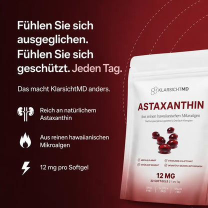 KlarsichtMD Astaxanthin – Bekämpft oxidativen Stress auf natürliche Weise, um das Gleichgewicht von innen und außen wiederherzustellen..