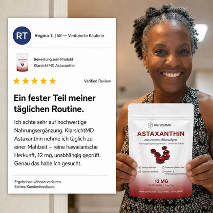 KlarsichtMD Astaxanthin – Bekämpft oxidativen Stress auf natürliche Weise, um das Gleichgewicht von innen und außen wiederherzustellen..