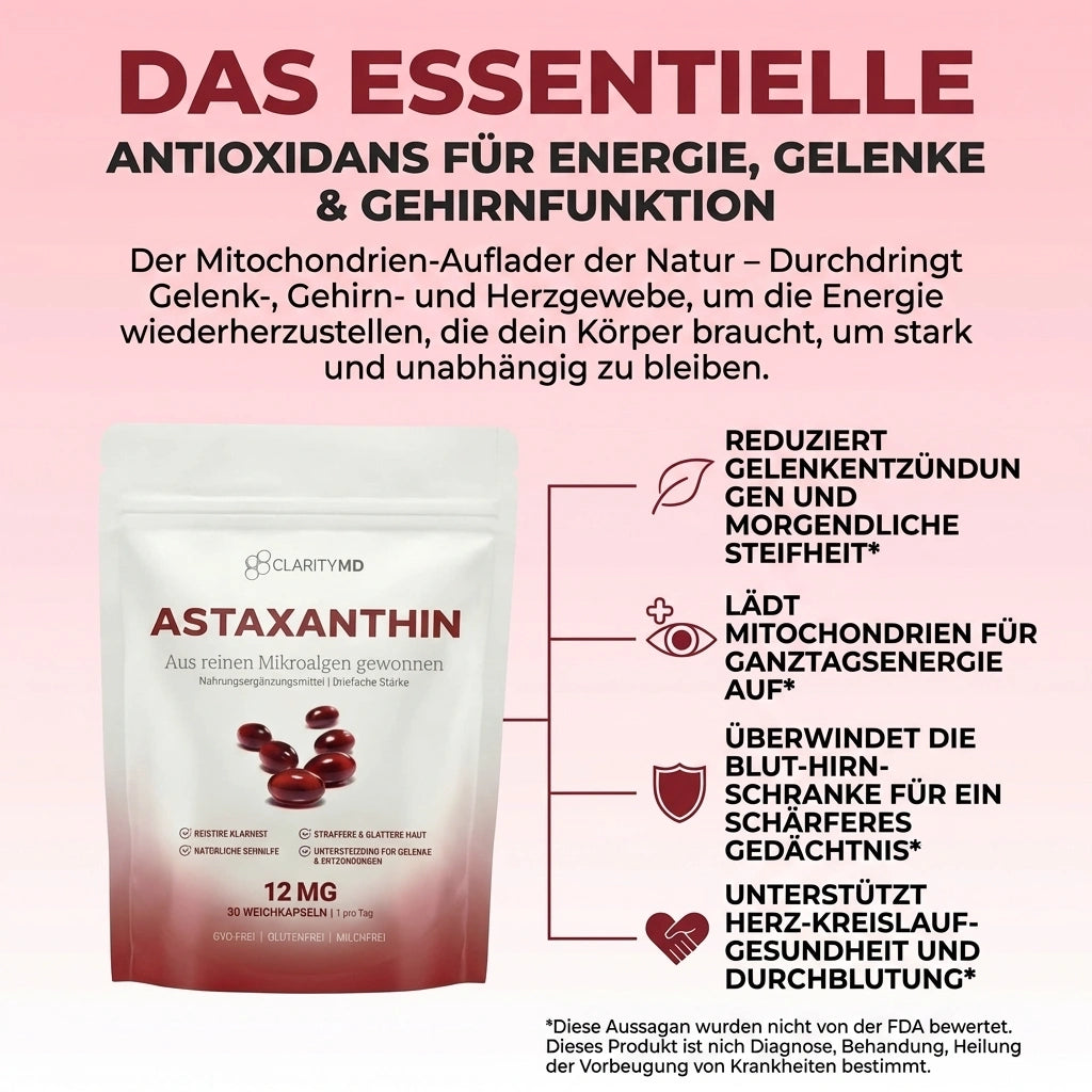 KlarsichtMD – Astaxanthin 12 mg Weichkapseln – Stellt auf natürliche Weise die Durchblutung und Energie wieder her und schützt lebenswichtige Organe