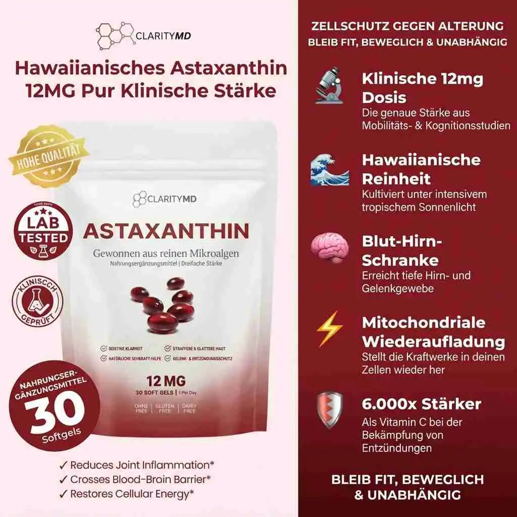 KlarsichtMD Astaxanthin 12mg Softgels – Ganzheitlicher Zellschutz für Körper & Gehirn für gesundes Altern