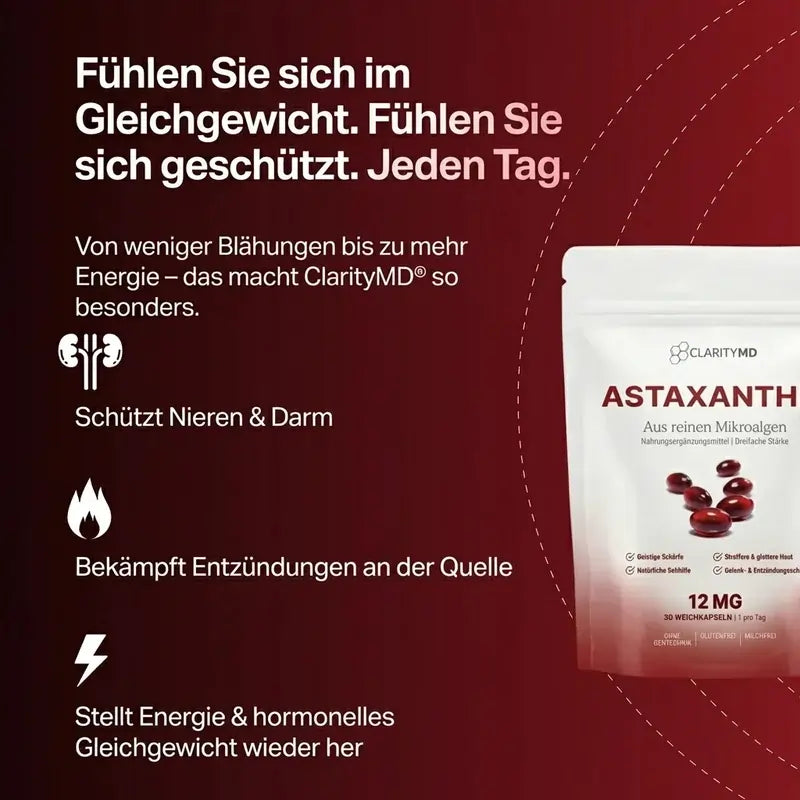 KlarsichtMD Astaxanthin – Bekämpft oxidativen Stress auf natürliche Weise, um das Gleichgewicht von innen und außen wiederherzustellen.