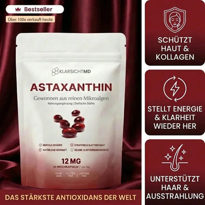 KlarsichtMD – Astaxanthin 12mg Weichkapseln – Natürlich für straffe, strahlende Haut, gesundes Haar & Energie