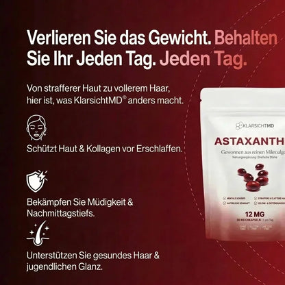 KlarsichtMD – Astaxanthin 12mg Weichkapseln – Natürlich für straffe, strahlende Haut, gesundes Haar & Energie